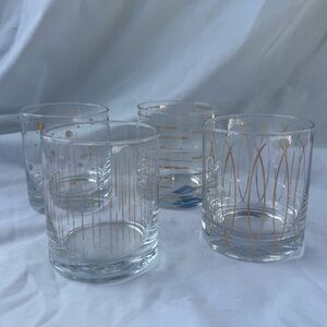 Set of 4 Mikasa Gold Metallic Retro Atomic Patterned Glasses, Lowball Cocktail